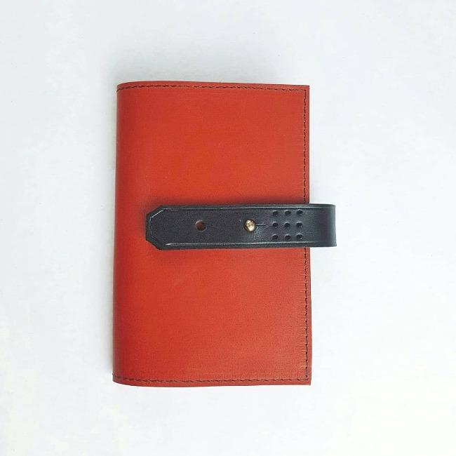 Hands of Tym stationery Flame Red / Black with Gold stud / Ruled 'Laurel' The Bespoke Handmade Luxury Leather Notebook / Diary A6